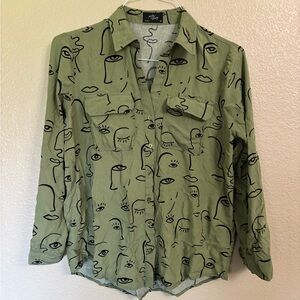 Milk & Honey Green Artistic Casual Button Down Shirt